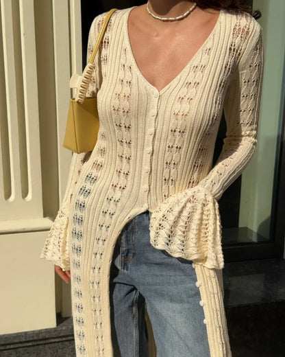 Deep V Neck Long Cardigan Dress - Elegant Hollow Knit Cover Up for Women - ZOOMNSTORE