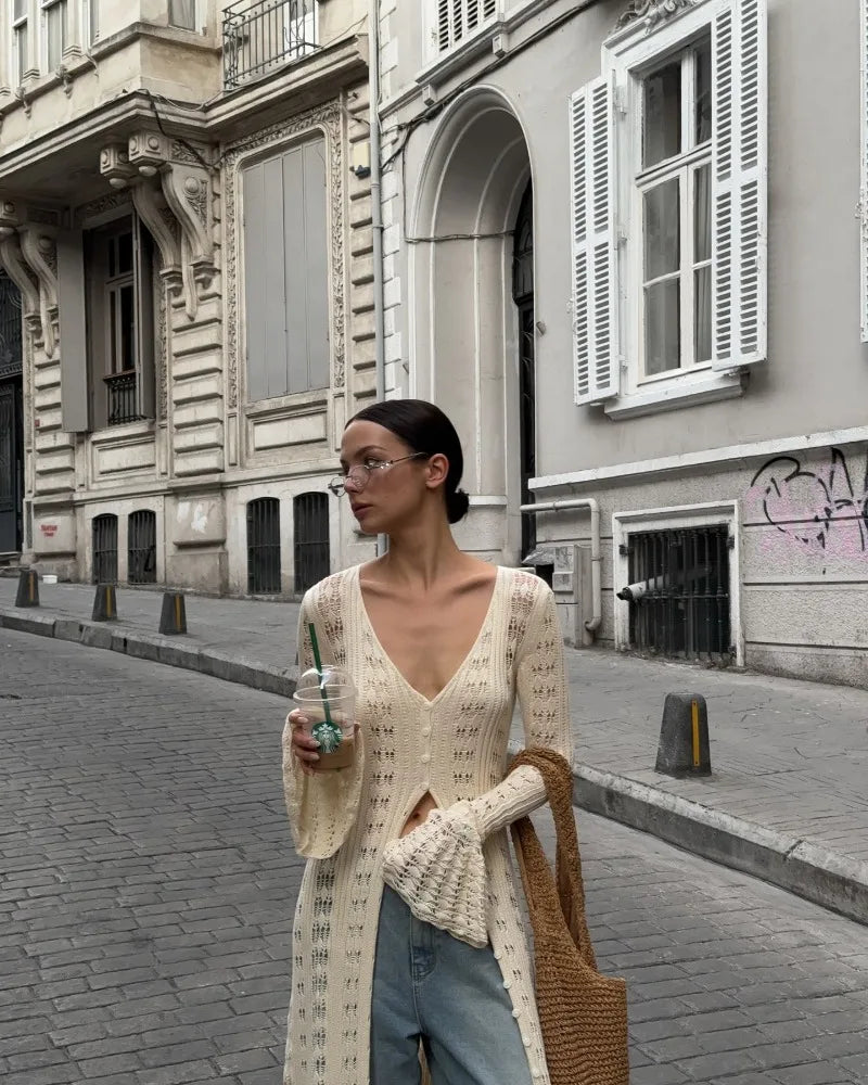 Deep V Neck Long Cardigan Dress - Elegant Hollow Knit Cover Up for Women - ZOOMNSTORE