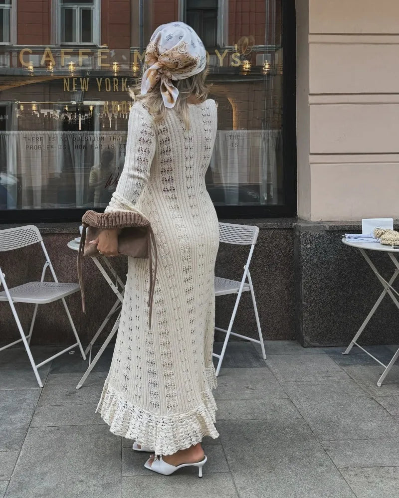 Deep V Neck Long Cardigan Dress - Elegant Hollow Knit Cover Up for Women - ZOOMNSTORE