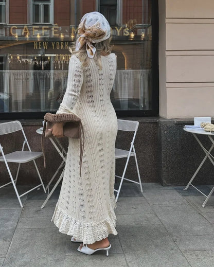 Deep V Neck Long Cardigan Dress - Elegant Hollow Knit Cover Up for Women - ZOOMNSTORE