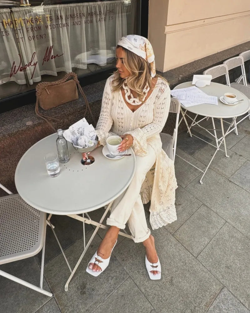 Deep V Neck Long Cardigan Dress - Elegant Hollow Knit Cover Up for Women - ZOOMNSTORE