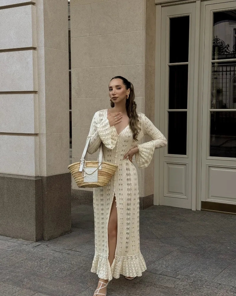 Deep V Neck Long Cardigan Dress - Elegant Hollow Knit Cover Up for Women - ZOOMNSTORE