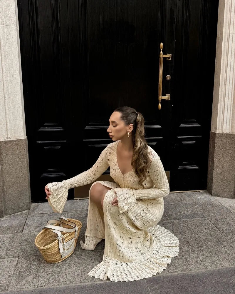 Deep V Neck Long Cardigan Dress - Elegant Hollow Knit Cover Up for Women - ZOOMNSTORE