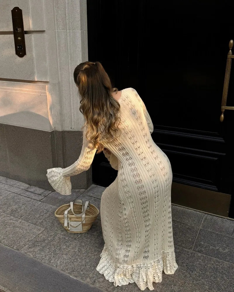Deep V Neck Long Cardigan Dress - Elegant Hollow Knit Cover Up for Women - ZOOMNSTORE