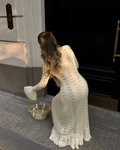 Deep V Neck Long Cardigan Dress - Elegant Hollow Knit Cover Up for Women - ZOOMNSTORE