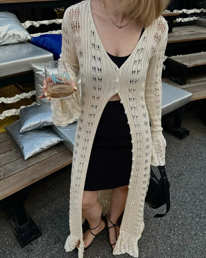 Deep V Neck Long Cardigan Dress - Elegant Hollow Knit Cover Up for Women - ZOOMNSTORE