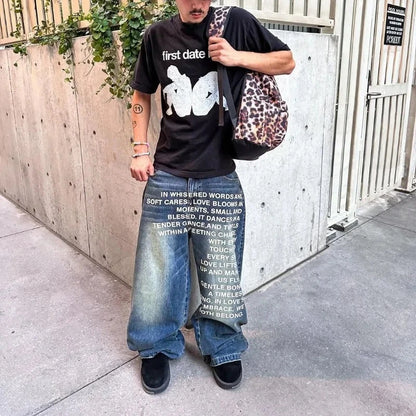 Deeptown Vintage Letter Print Women Man Jeans Y2k Harajuku Washed Wide Leg American Style Denim Pants Baggy Hip Hop Streetwear - ZOOMNSTORE