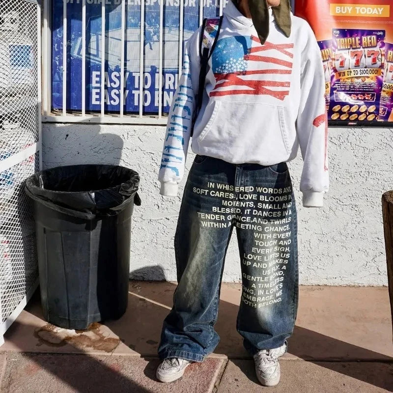 Deeptown Vintage Letter Print Women Man Jeans Y2k Harajuku Washed Wide Leg American Style Denim Pants Baggy Hip Hop Streetwear - ZOOMNSTORE