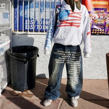 Deeptown Vintage Letter Print Women Man Jeans Y2k Harajuku Washed Wide Leg American Style Denim Pants Baggy Hip Hop Streetwear - ZOOMNSTORE
