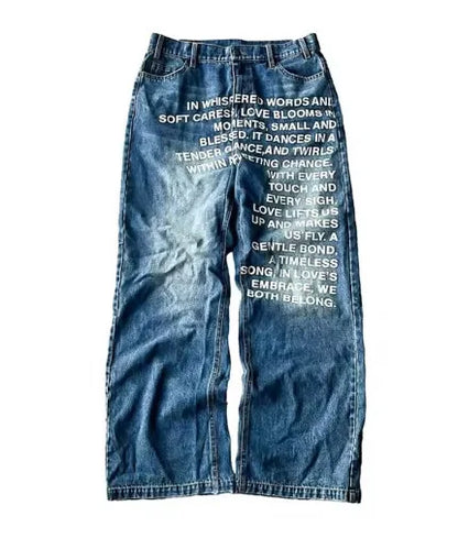 Deeptown Vintage Letter Print Women Man Jeans Y2k Harajuku Washed Wide Leg American Style Denim Pants Baggy Hip Hop Streetwear - ZOOMNSTORE