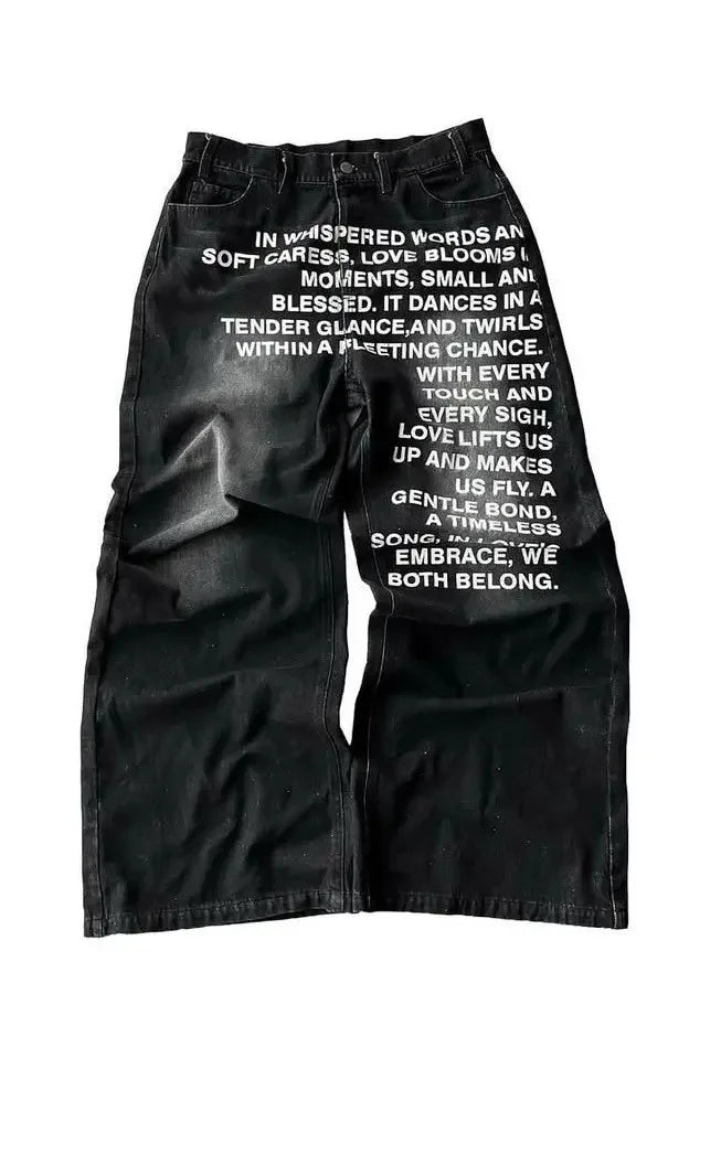 Deeptown Vintage Letter Print Women Man Jeans Y2k Harajuku Washed Wide Leg American Style Denim Pants Baggy Hip Hop Streetwear - ZOOMNSTORE