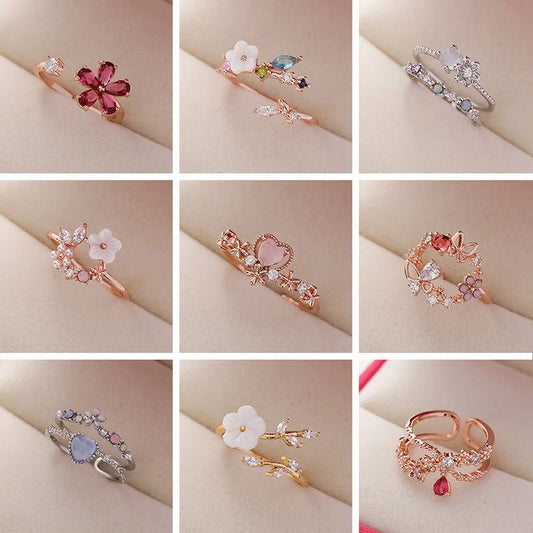 Korean Delicate Flowers Rings for Women Girls Temperament Micro-inlaid Crystal Zircon Finger Rings Party Jewelry Accessories - ZOOMNSTORE