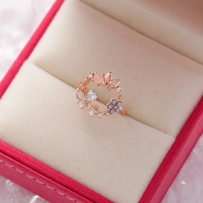 Korean Delicate Flowers Rings for Women Girls Temperament Micro-inlaid Crystal Zircon Finger Rings Party Jewelry Accessories - ZOOMNSTORE