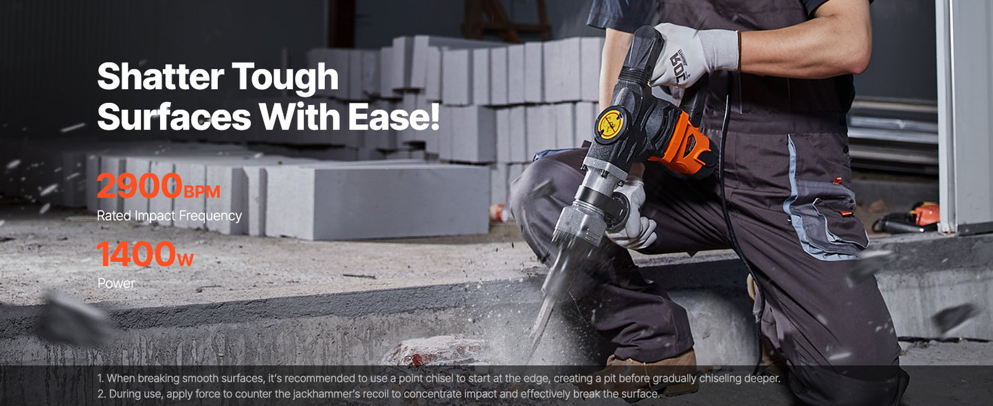 Heavy Duty Electric Jackhammer - 1400W Demolition Tool with 2 Chisels Bits - ZOOMNSTORE