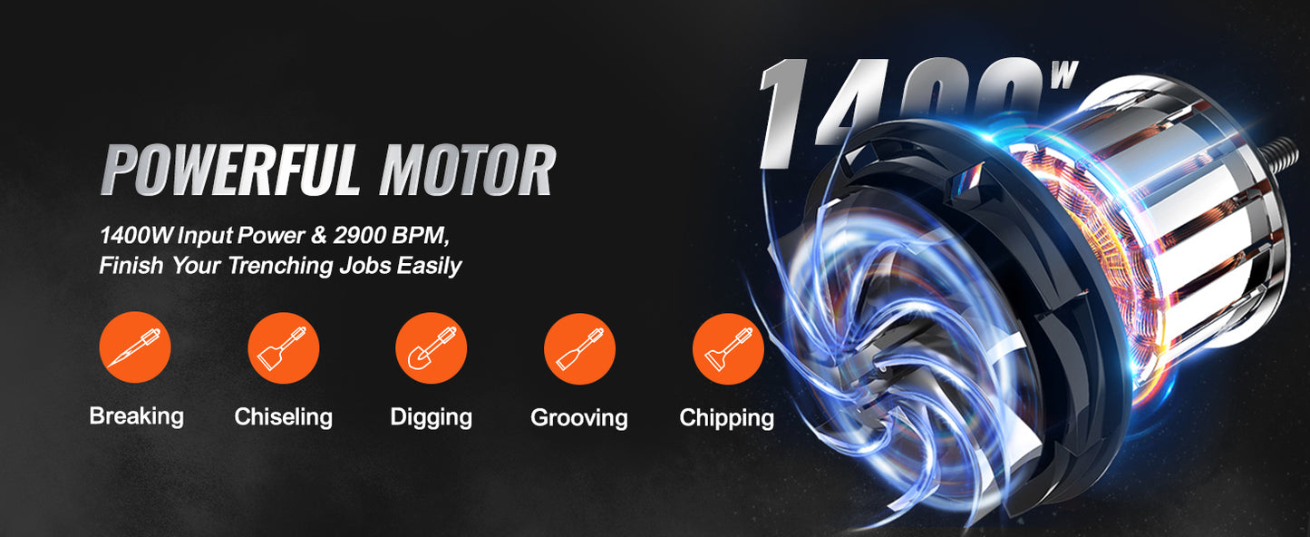 Heavy Duty Electric Jackhammer - 1400W Demolition Tool with 2 Chisels Bits - ZOOMNSTORE