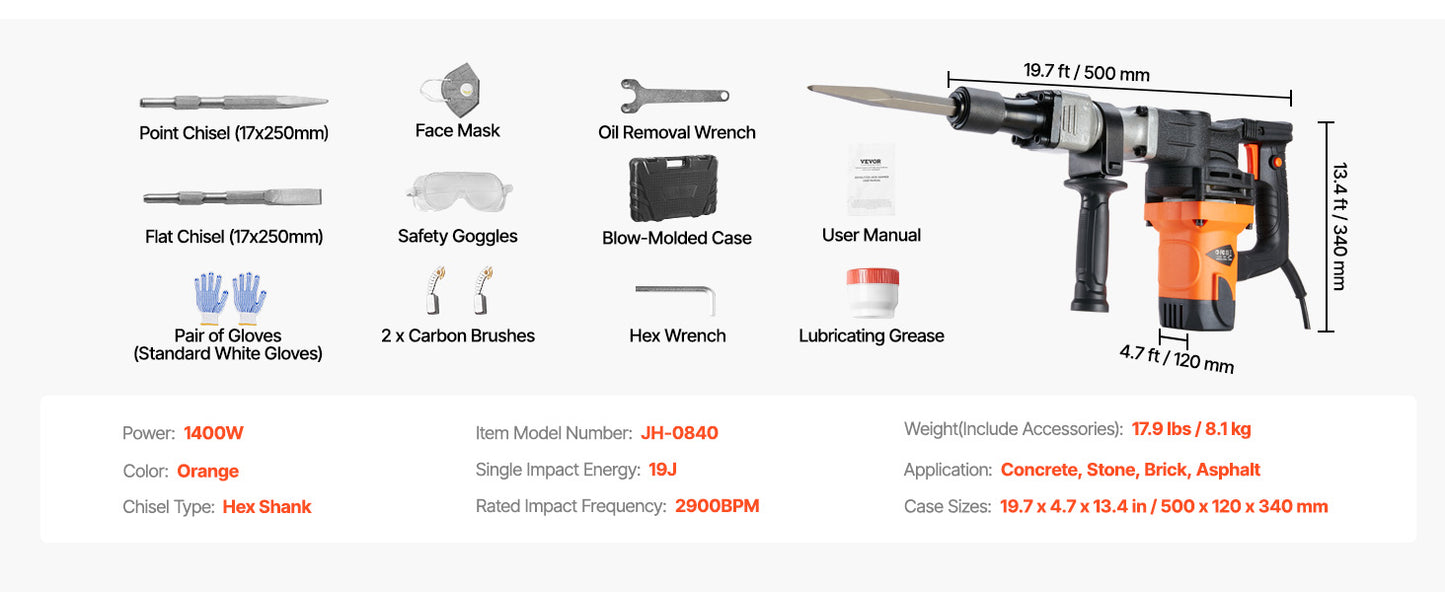 Heavy Duty Electric Jackhammer - 1400W Demolition Tool with 2 Chisels Bits - ZOOMNSTORE