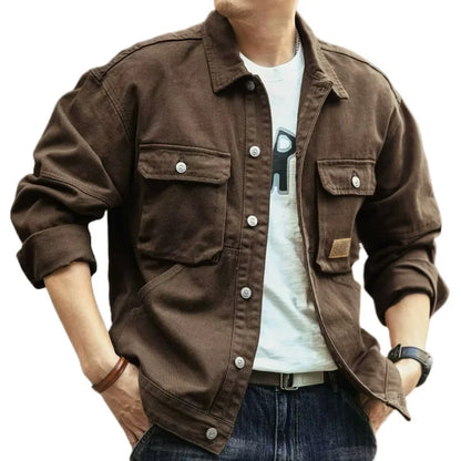 Denim Cargo Jacket - Plus Size Men's Oversize Casual Coat With Turn-Down Collar - ZOOMNSTORE