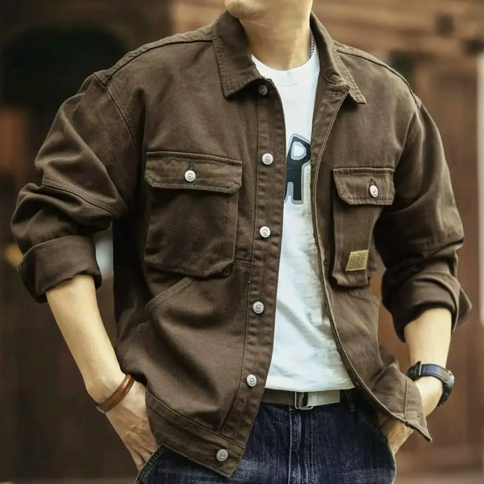 Denim Cargo Jacket - Plus Size Men's Oversize Casual Coat With Turn-Down Collar - ZOOMNSTORE