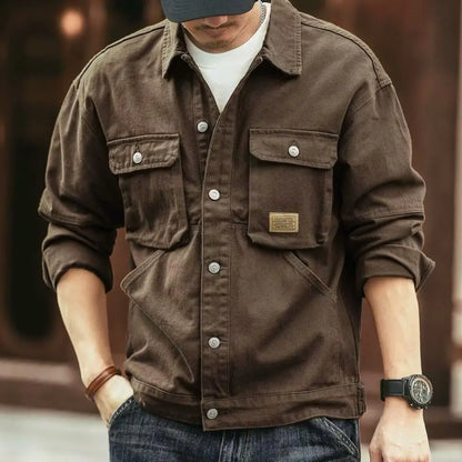 Denim Cargo Jacket - Plus Size Men's Oversize Casual Coat With Turn-Down Collar - ZOOMNSTORE