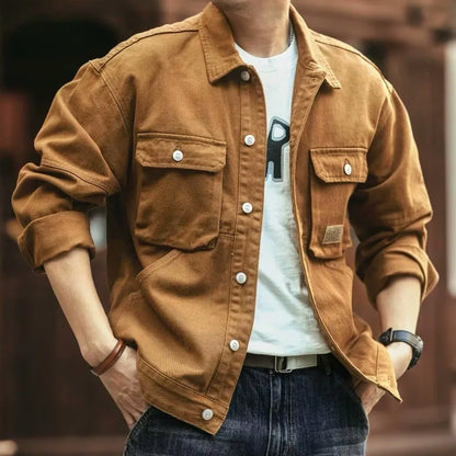 Denim Cargo Jacket - Plus Size Men's Oversize Casual Coat With Turn-Down Collar - ZOOMNSTORE