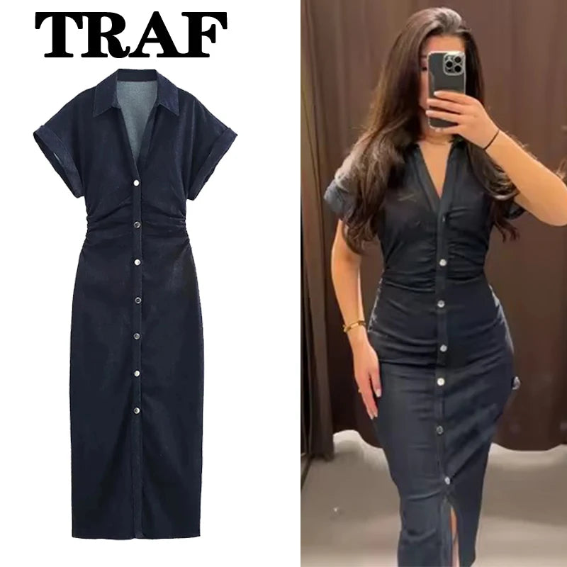 Denim Midi Dress - Womens Casual Ruched Short Sleeve Spring Summer Fashion 2025 - ZOOMNSTORE