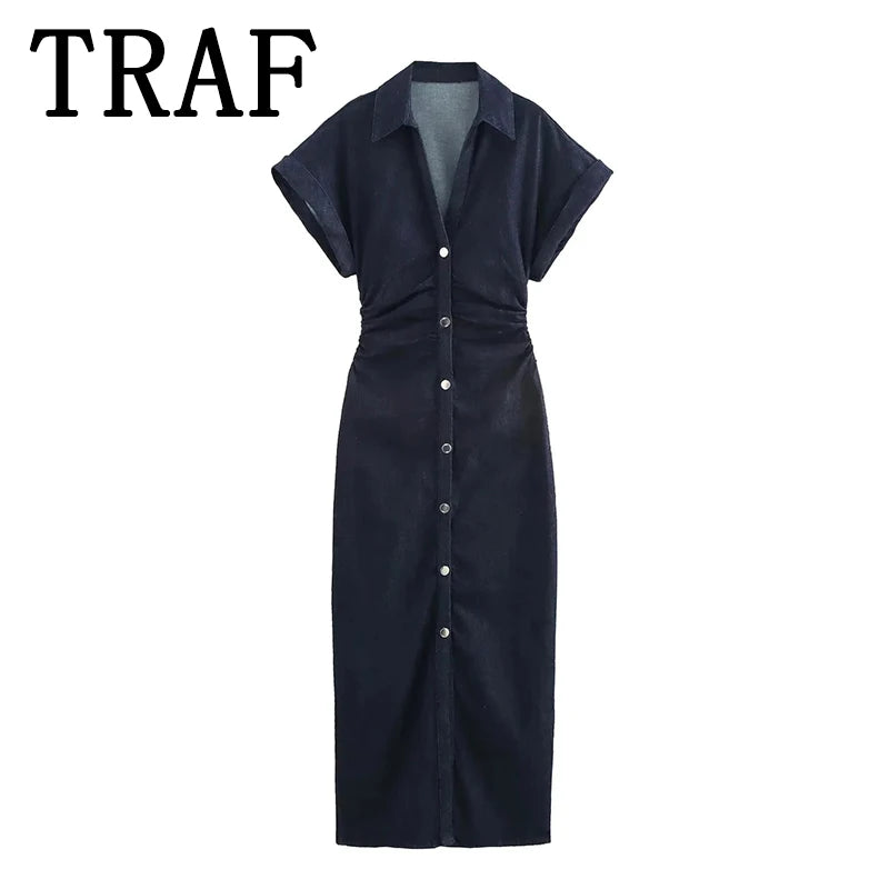 Denim Midi Dress - Womens Casual Ruched Short Sleeve Spring Summer Fashion 2025 - ZOOMNSTORE