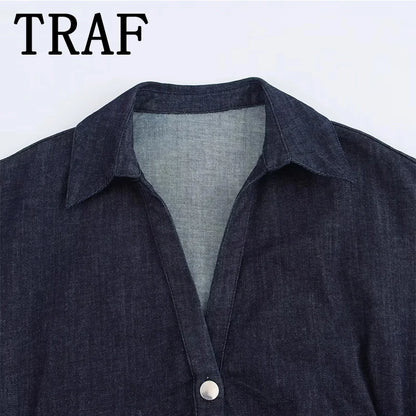 Denim Midi Dress - Womens Casual Ruched Short Sleeve Spring Summer Fashion 2025 - ZOOMNSTORE