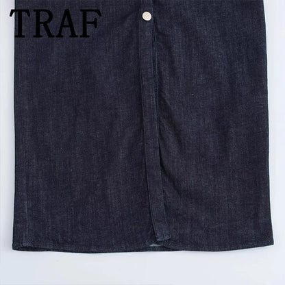 Denim Midi Dress - Womens Casual Ruched Short Sleeve Spring Summer Fashion 2025 - ZOOMNSTORE