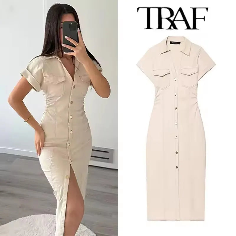 Denim Midi Dress - Womens Casual Ruched Short Sleeve Spring Summer Fashion 2025 - ZOOMNSTORE