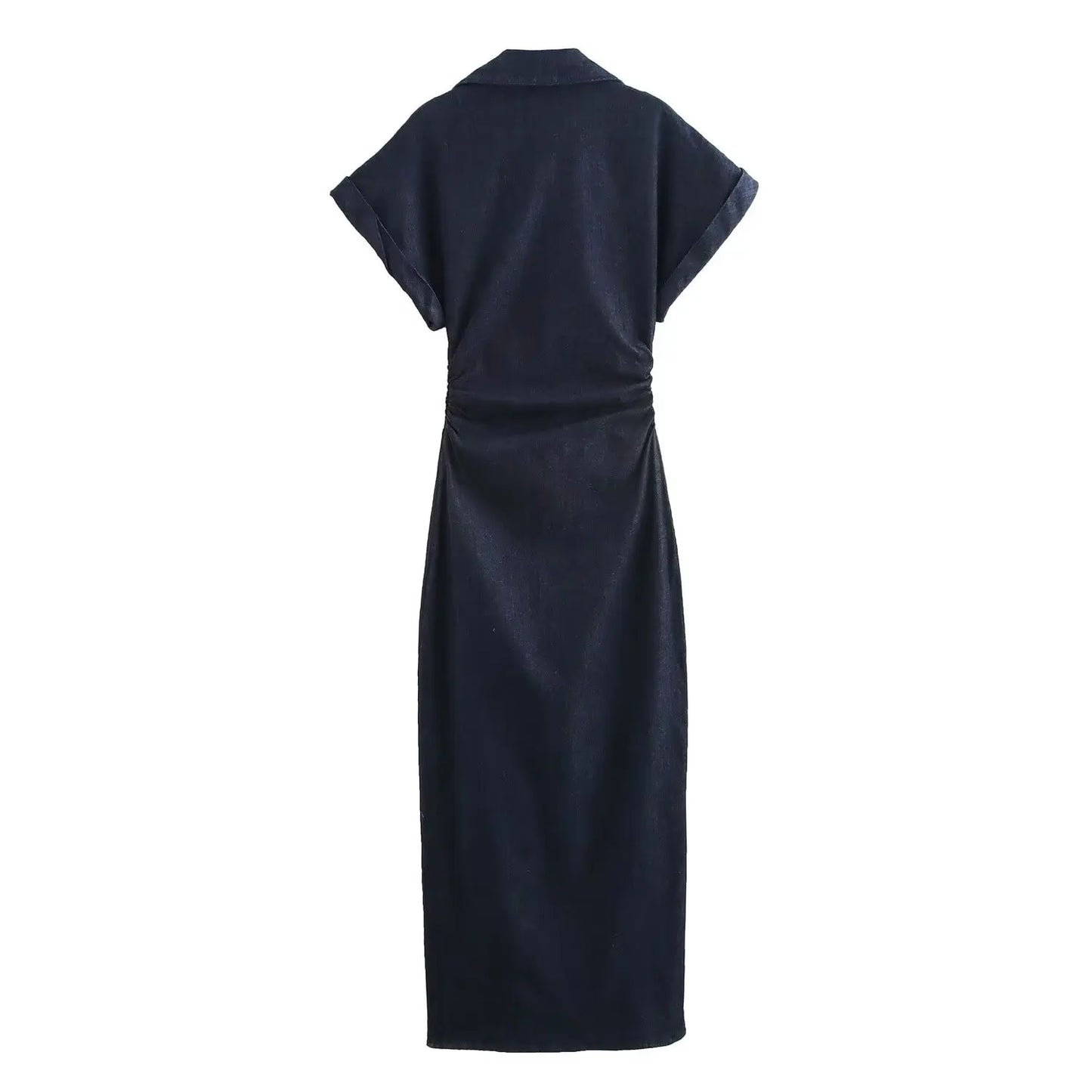 Denim Midi Dress – Slim Waist Ankle Length With Lapel Collar & Side Zipper - ZOOMNSTORE