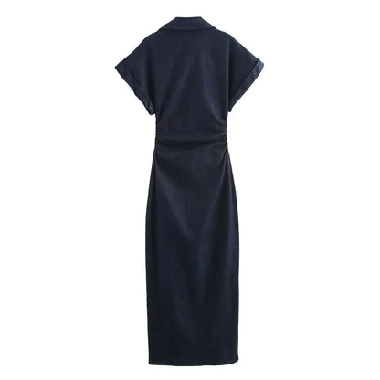 Denim Midi Dress – Slim Waist Ankle Length With Lapel Collar & Side Zipper - ZOOMNSTORE