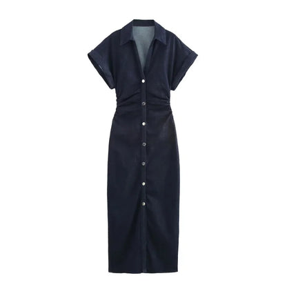 Denim Midi Dress – Slim Waist Ankle Length With Lapel Collar & Side Zipper - ZOOMNSTORE