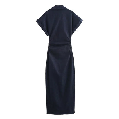 Denim Midi Dress – Slim Waist Ankle Length With Lapel Collar & Side Zipper - ZOOMNSTORE