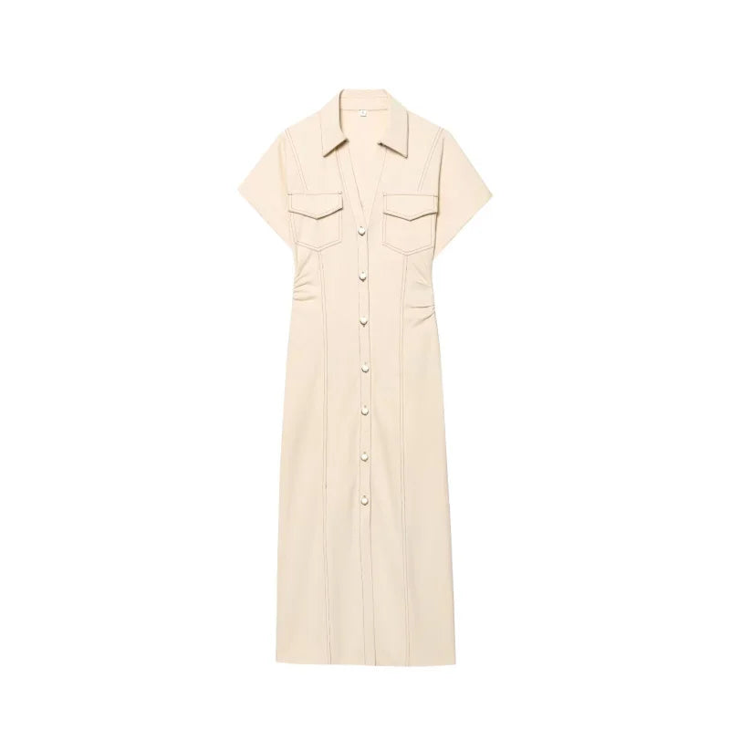 Denim Midi Dress – Slim Waist Ankle Length With Lapel Collar & Side Zipper - ZOOMNSTORE