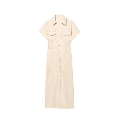 Denim Midi Dress – Slim Waist Ankle Length With Lapel Collar & Side Zipper - ZOOMNSTORE