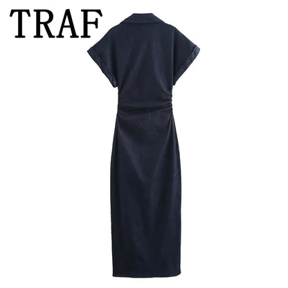 Denim Midi Dress - Womens Casual Ruched Short Sleeve Spring Summer Fashion 2025 - ZOOMNSTORE