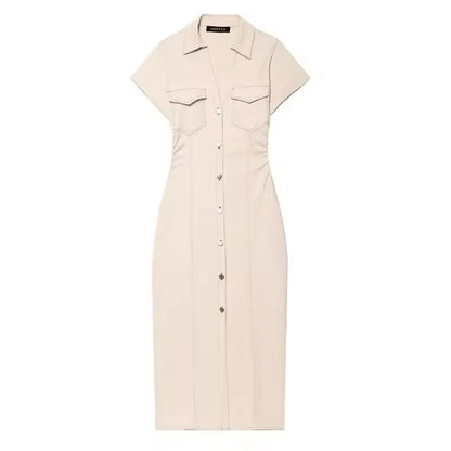 Denim Midi Dress - Womens Casual Ruched Short Sleeve Spring Summer Fashion 2025 - ZOOMNSTORE