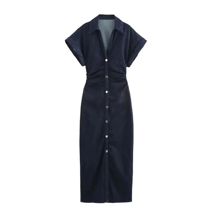 Denim Midi Dress - Womens Casual Ruched Short Sleeve Spring Summer Fashion 2025 - ZOOMNSTORE