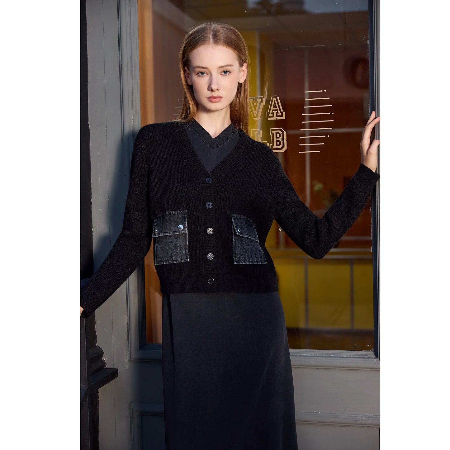 V-neck Denim Dress  Knitting Cardigan - Womens AutumnWinter Modal Shirt - ZOOMNSTORE