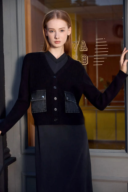 V-neck Denim Dress  Knitting Cardigan - Womens AutumnWinter Modal Shirt - ZOOMNSTORE