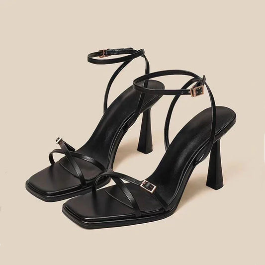 Designer Womens High Heels - Black Lace-Up Stiletto Sandals - ZOOMNSTORE