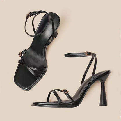 Designer Womens High Heels - Black Lace-Up Stiletto Sandals - ZOOMNSTORE