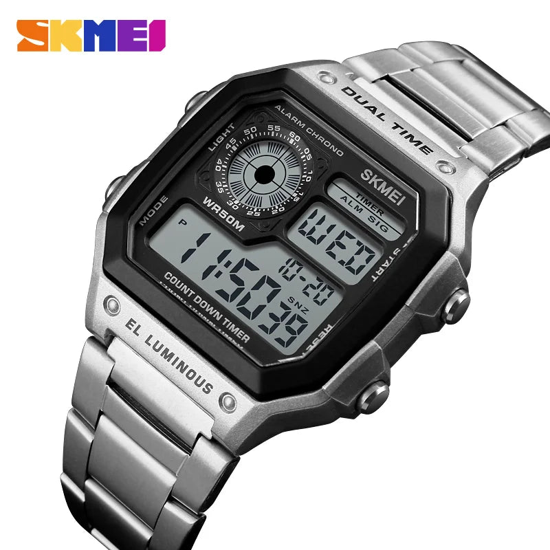 Digital Sport Watch - Men's Waterproof Stainless Steel Band Retro Chronograph Wristwatch - ZOOMNSTORE