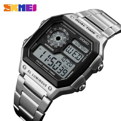 Digital Sport Watch - Men's Waterproof Stainless Steel Band Retro Chronograph Wristwatch - ZOOMNSTORE