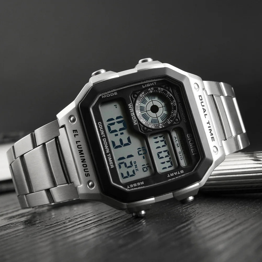 Digital Sport Watch - Men's Waterproof Stainless Steel Band Retro Chronograph Wristwatch - ZOOMNSTORE
