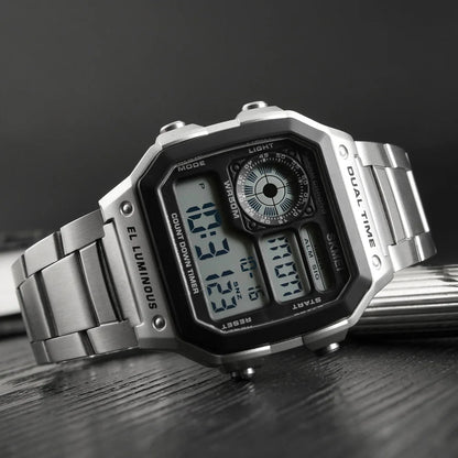 Digital Sport Watch - Men's Waterproof Stainless Steel Band Retro Chronograph Wristwatch - ZOOMNSTORE