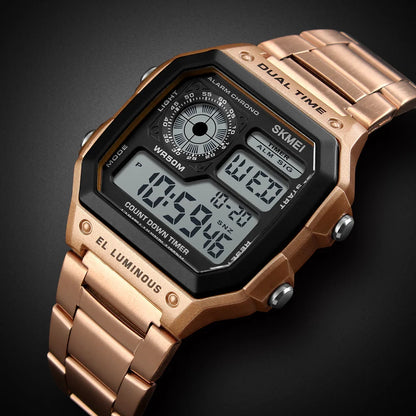 Digital Sport Watch - Men's Waterproof Stainless Steel Band Retro Chronograph Wristwatch - ZOOMNSTORE