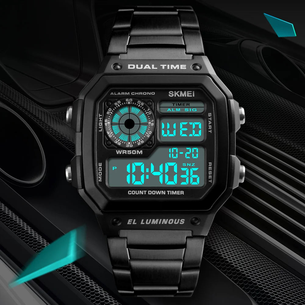 Digital Sport Watch - Men's Waterproof Stainless Steel Band Retro Chronograph Wristwatch - ZOOMNSTORE