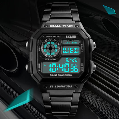 Digital Sport Watch - Men's Waterproof Stainless Steel Band Retro Chronograph Wristwatch - ZOOMNSTORE