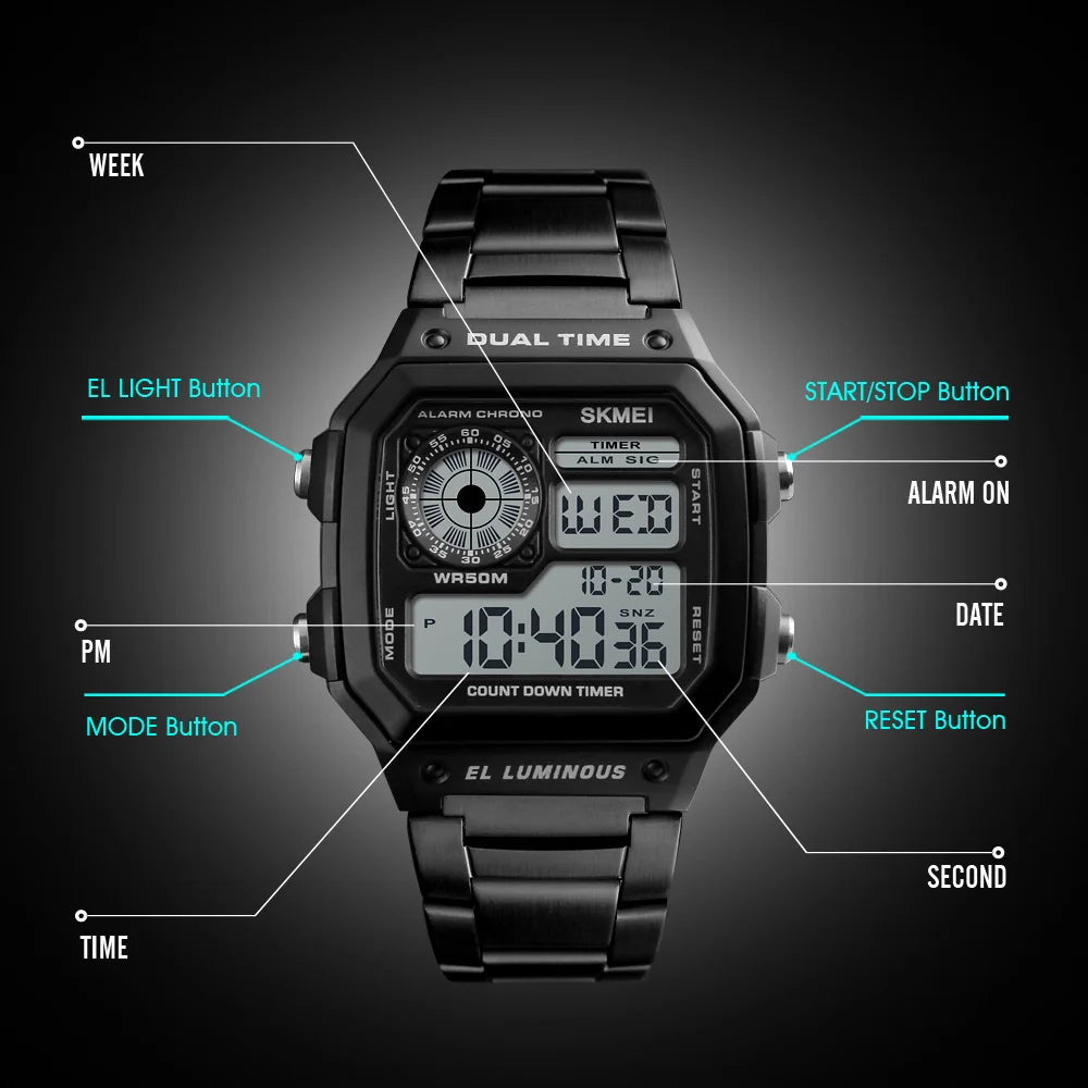 Digital Sport Watch - Men's Waterproof Stainless Steel Band Retro Chronograph Wristwatch - ZOOMNSTORE